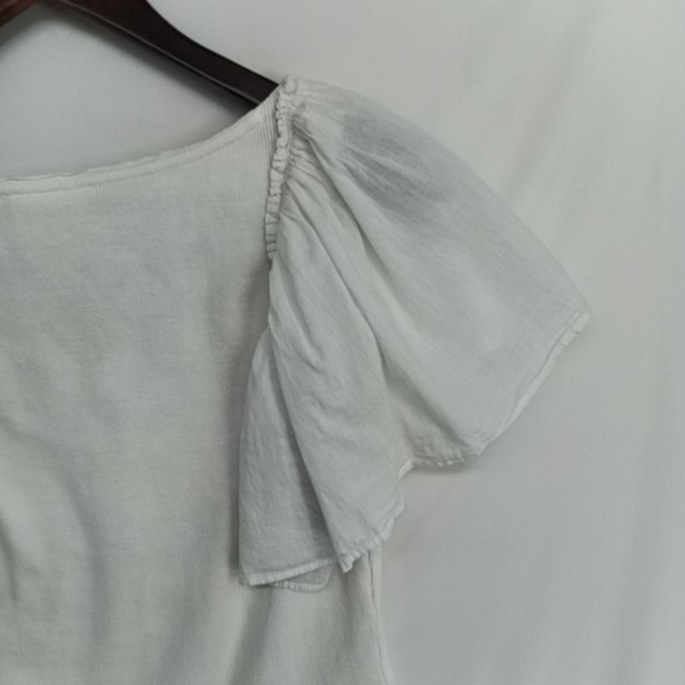 ❌SOLD❌️Maeve by Anthropologie White Flutter Sleeve Stretchy Rib Knit V-Neck Top - Picture 7 of 11